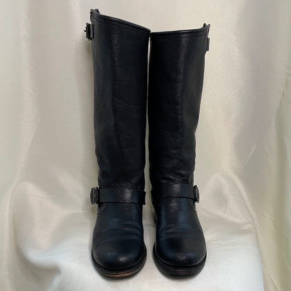 FRYE Veronica Black Leather mid-calf Pull On Engineers Boots - Picture 2 of 12